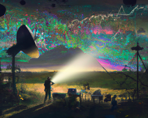 A researcher in a field shines a light on stylised waves of noise, as if attempting to identify or extract a signal. Image generated by DALL.E 2 from prompts provided by Real World Data Science.